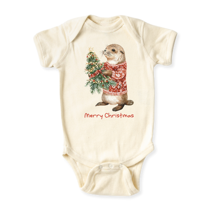 baby onesie onsie clothes girl boy funny newborn gifts outfit toddler infant apparel shirt baby shower kids unisex bodysuit little cute cool clothing my first christmas xmas santa otter animals river nature