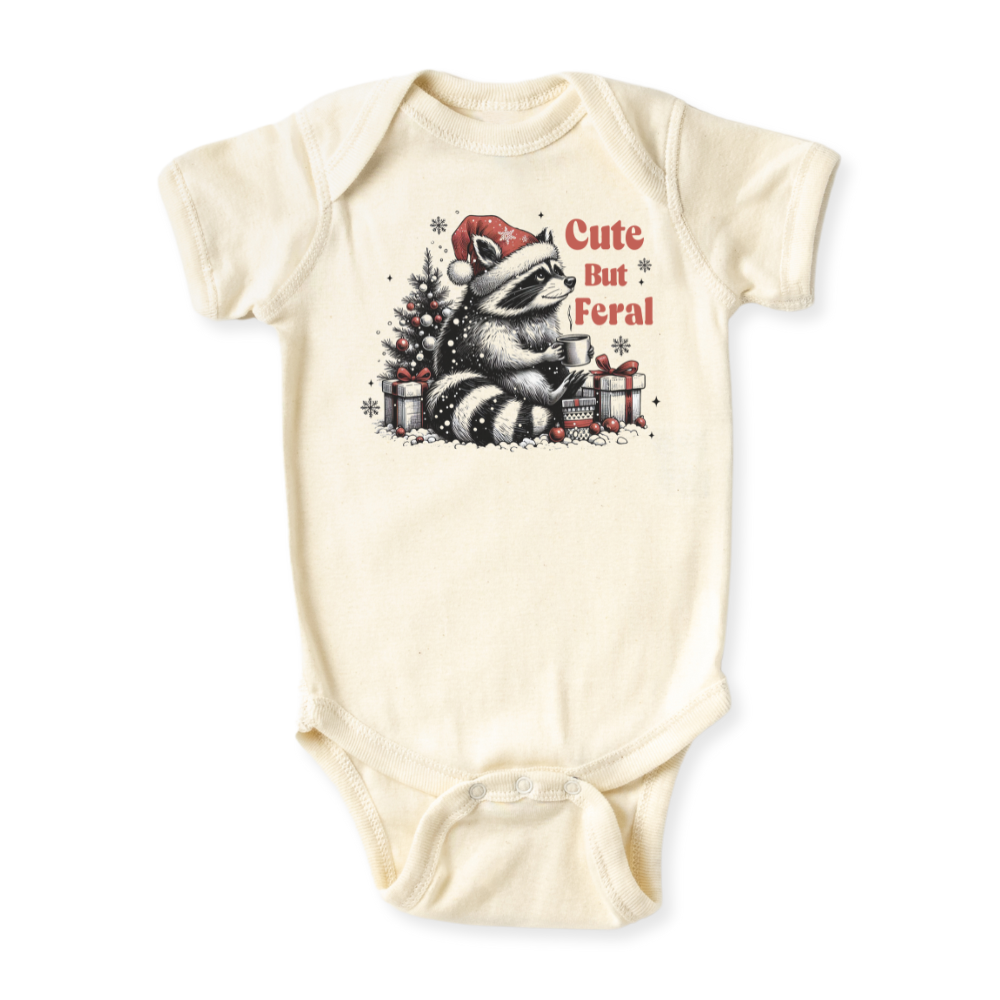 Cute but Feral Racoon Tshirt Christmas Baby Bodysuit, Kids & Toddler T-Shirt – Funny Christmas Outfit