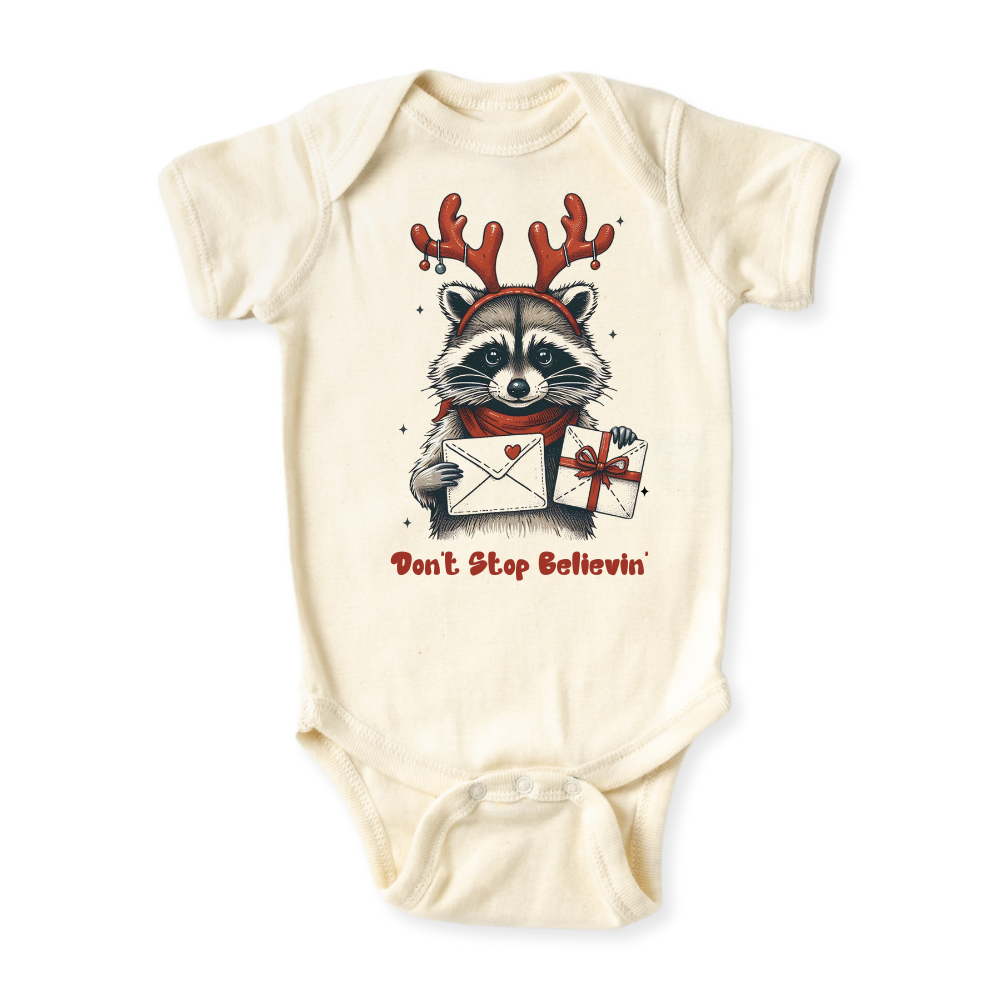 baby onesie onsie clothes girl boy funny newborn gifts outfit toddler infant apparel shirt baby shower kids unisex bodysuit little cute cool clothing christmas xmas merry and bright don't stop believing racoon wild