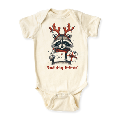 baby onesie onsie clothes girl boy funny newborn gifts outfit toddler infant apparel shirt baby shower kids unisex bodysuit little cute cool clothing christmas xmas merry and bright don't stop believing racoon wild