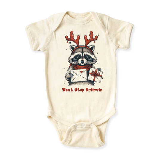 baby onesie onsie clothes girl boy funny newborn gifts outfit toddler infant apparel shirt baby shower kids unisex bodysuit little cute cool clothing christmas xmas merry and bright don't stop believing racoon wild