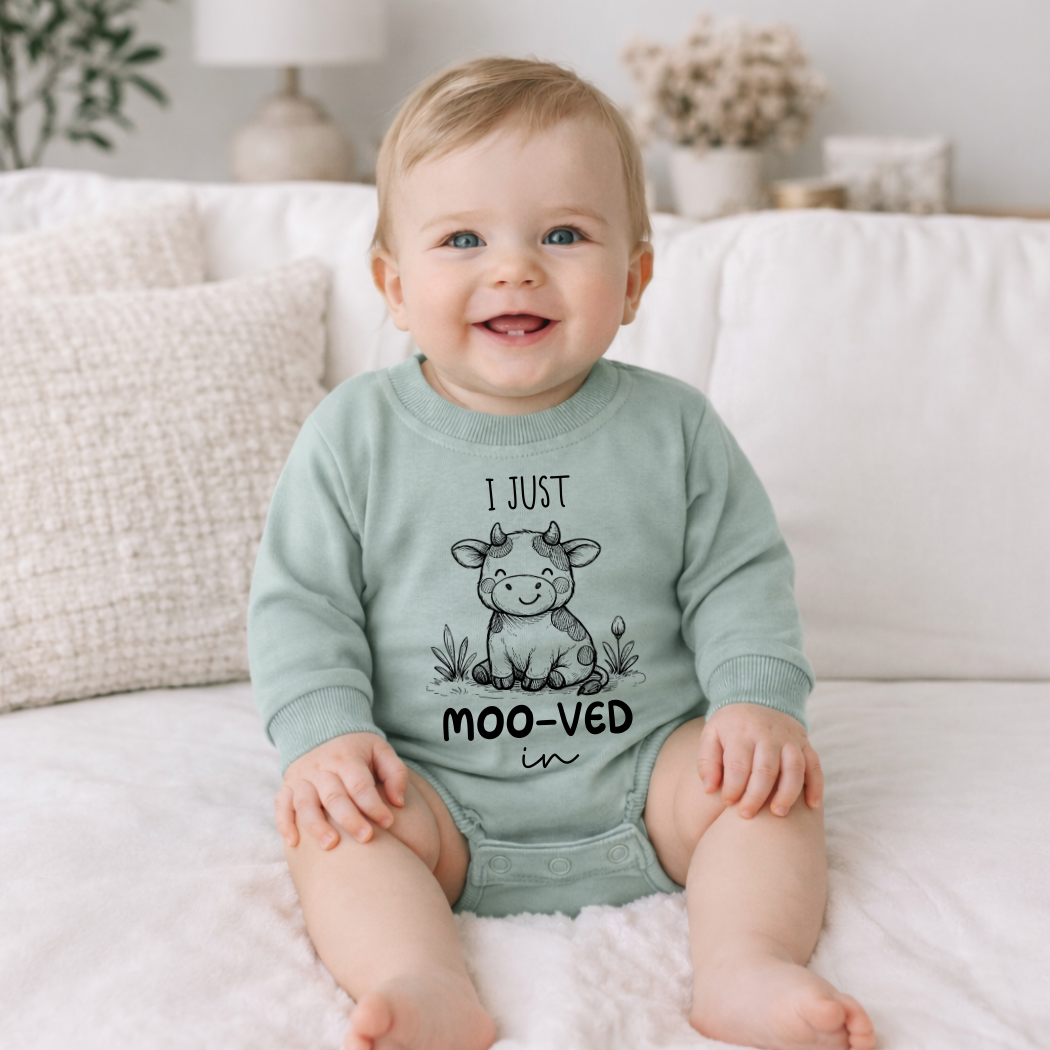 I Just Moo-ved In Cow Baby Romper - Cotton Baby Bodysuit