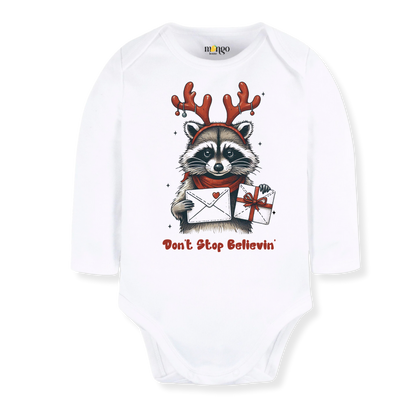 Don't Stop Believing Tshirt Christmas Baby Bodysuit, Kids & Toddler T-Shirt – Funny Racoon Outfit