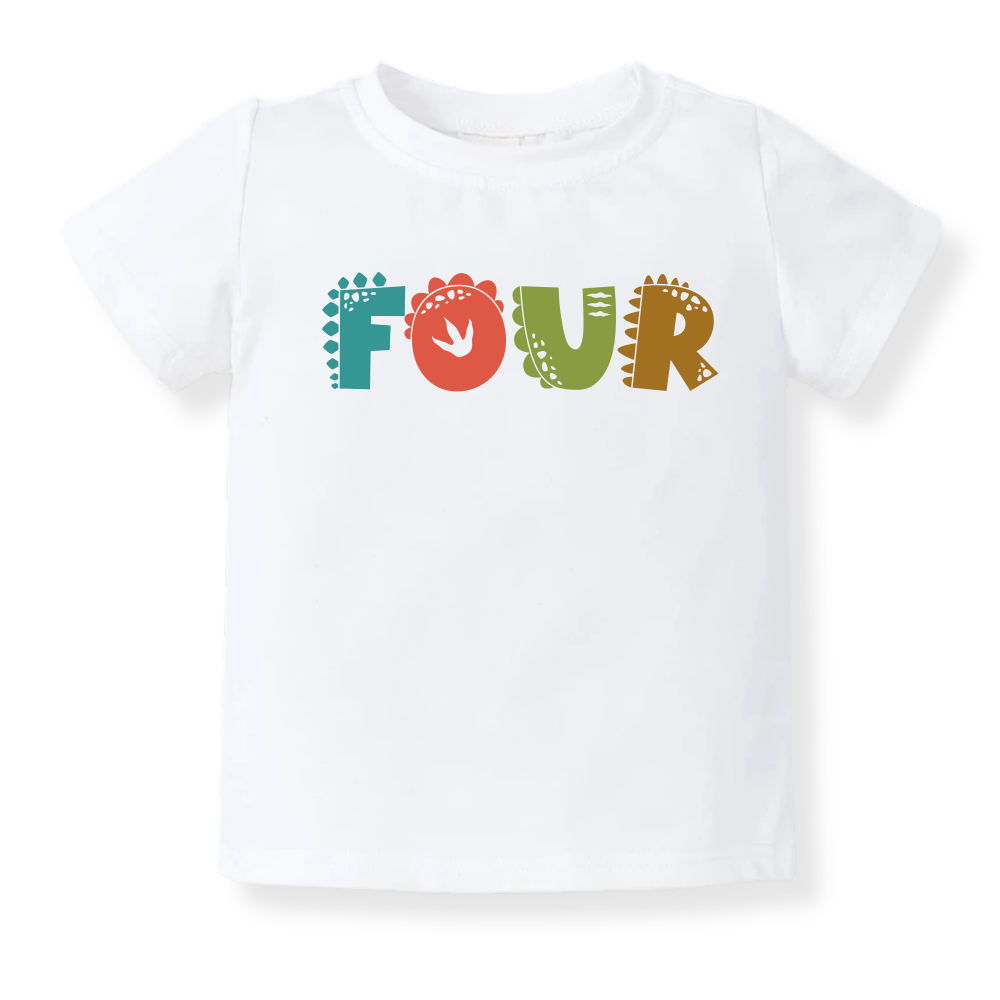 "FOUR" Dinosaur Baby Onesie, 4th Birthday Toddler T-Shirt, Cute Dinosaur Birthday Outfit for Kids, Boys & Girls, Fourth Birthday Shirt