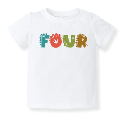 "FOUR" Dinosaur Baby Onesie, 4th Birthday Toddler T-Shirt, Cute Dinosaur Birthday Outfit for Kids, Boys & Girls, Fourth Birthday Shirt