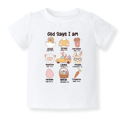 God Says I am Easter Baby Bodysuit Inspirational Tshirt for Kids Toddler Tee Baby Girl Outfit Spring Tee