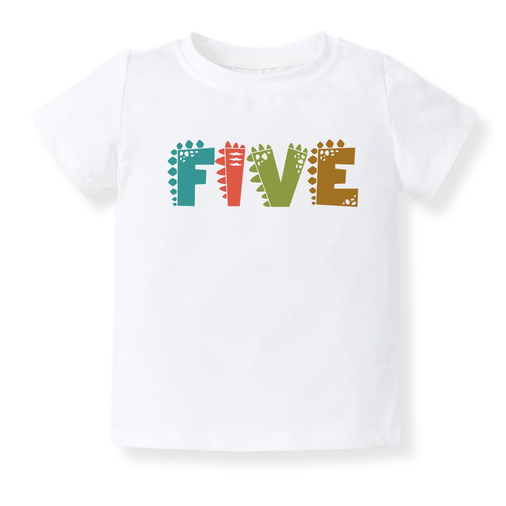 "FIVE" Dinosaur Baby Onesie, 5th Birthday Toddler T-Shirt, Cute Dinosaur Birthday Outfit for Kids, Boys & Girls, Fifth Birthday Shirt