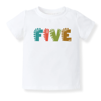 "FIVE" Dinosaur Baby Onesie, 5th Birthday Toddler T-Shirt, Cute Dinosaur Birthday Outfit for Kids, Boys & Girls, Fifth Birthday Shirt