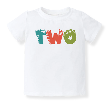 "TWO" Dinosaur Baby Onesie, 2nd Birthday Toddler T-Shirt, Cute Dinosaur Birthday Outfit for Kids, Boys & Girls, Second Birthday Shirt