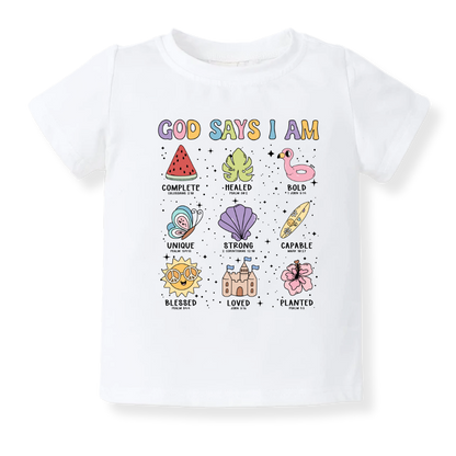 God Says I am Beach Baby Bodysuit Inspirational Tshirt for Kids Toddler Tee Baby Girl Outfit Summer Tee