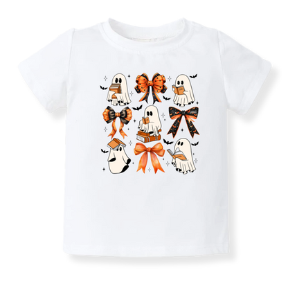 Cute Halloween Baby Bodysuit, Ghost Reading Books Halloween Toddler & Kids T-Shirt, Cute Bows Girl Tee