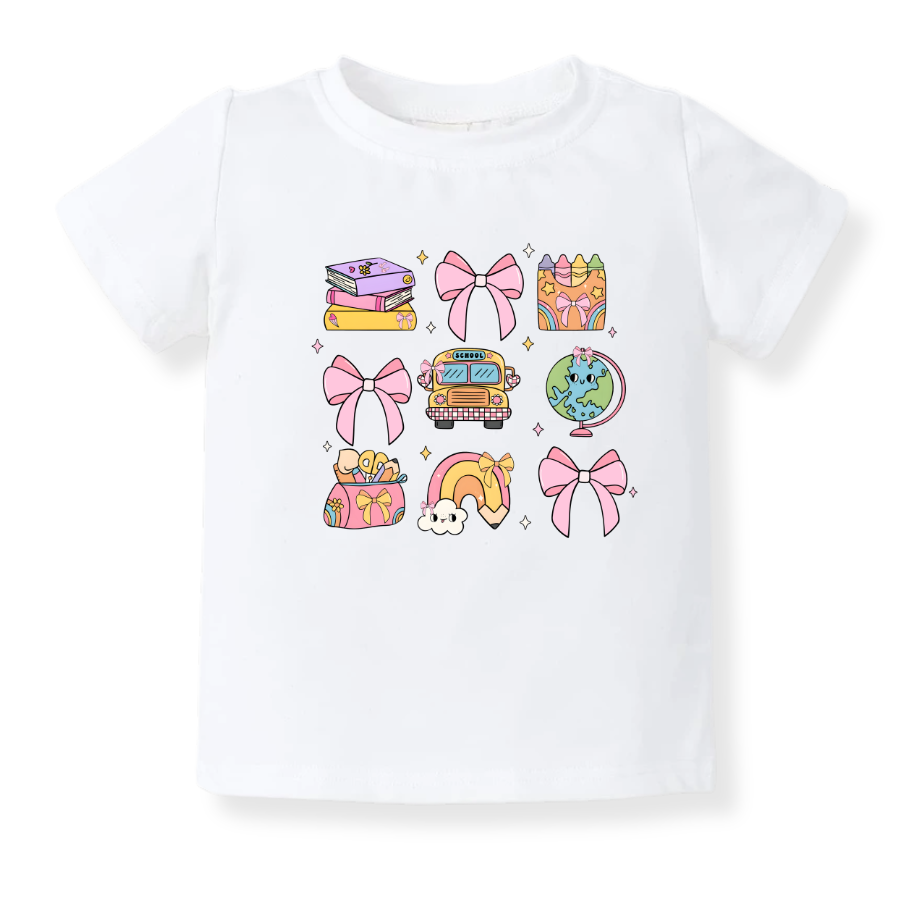 Cute School Theme Toddler & Kids T-Shirt - Pink Bows Flowers Girl Shirt Retro Tee