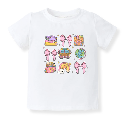 Cute School Theme Toddler & Kids T-Shirt - Pink Bows Flowers Girl Shirt Retro Tee
