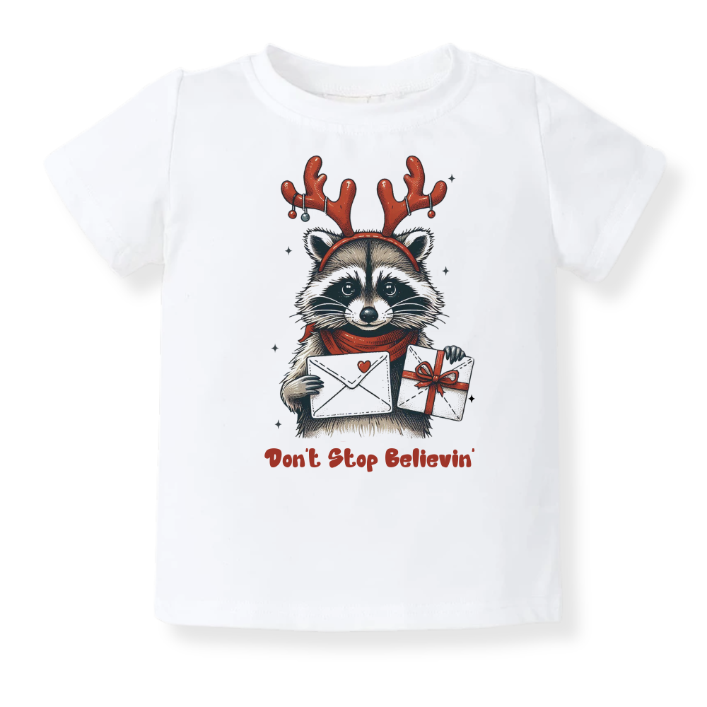 Don't Stop Believing Tshirt Christmas Baby Bodysuit, Kids & Toddler T-Shirt – Funny Racoon Outfit