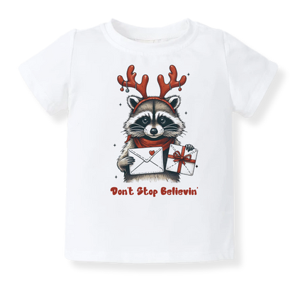 Don't Stop Believing Tshirt Christmas Baby Bodysuit, Kids & Toddler T-Shirt – Funny Racoon Outfit