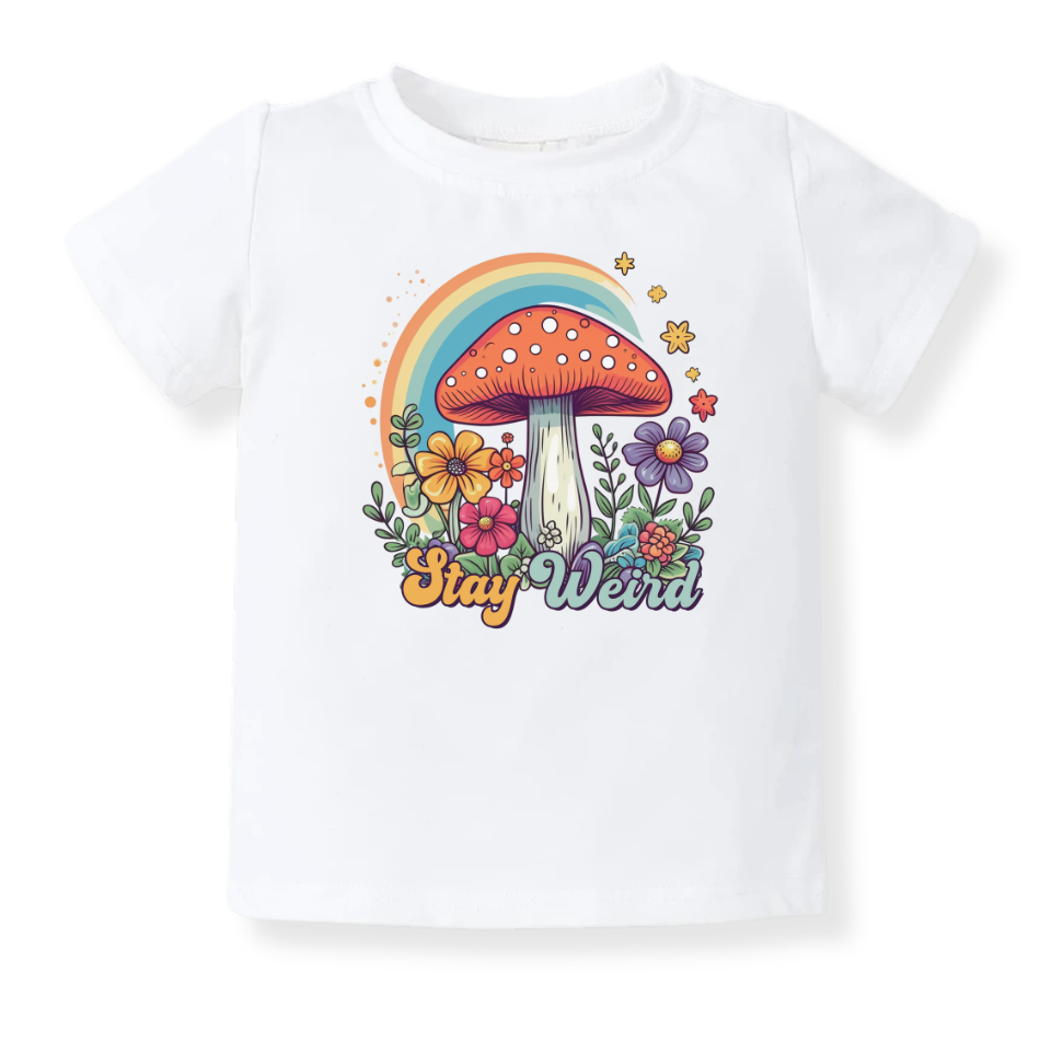 Retro Mushroom Rainbow Baby Bodysuit – Stay Weird Kids T-Shirt & Toddler Tee – Fun & Unique Outfit
