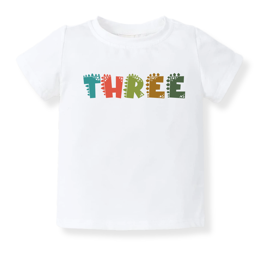"THREE" Dinosaur Baby Onesie, 3rd Birthday Toddler T-Shirt, Cute Dinosaur Birthday Outfit for Kids, Boys & Girls, Third Birthday Shirt