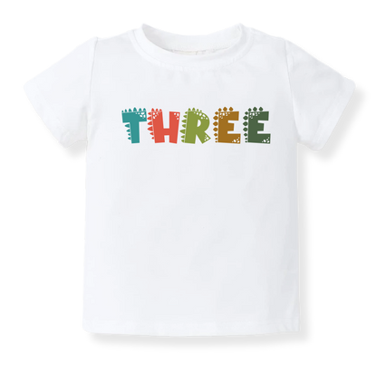 "THREE" Dinosaur Baby Onesie, 3rd Birthday Toddler T-Shirt, Cute Dinosaur Birthday Outfit for Kids, Boys & Girls, Third Birthday Shirt