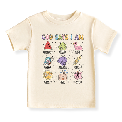 God Says I am Beach Baby Bodysuit Inspirational Tshirt for Kids Toddler Tee Baby Girl Outfit Summer Tee