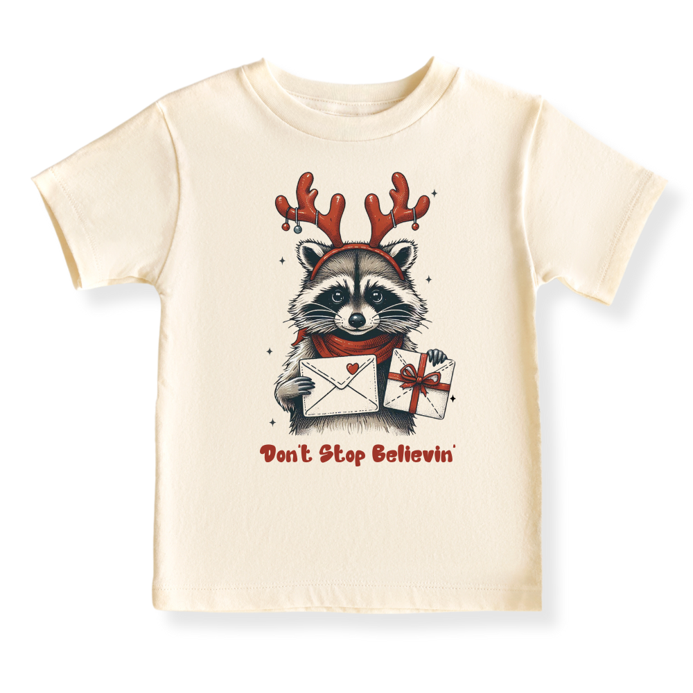 Don't Stop Believing Tshirt Christmas Baby Bodysuit, Kids & Toddler T-Shirt – Funny Racoon Outfit