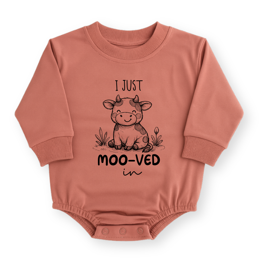 I Just Moo-ved In Cow Baby Romper - Cotton Baby Bodysuit