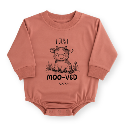 I Just Moo-ved In Cow Baby Romper - Cotton Baby Bodysuit