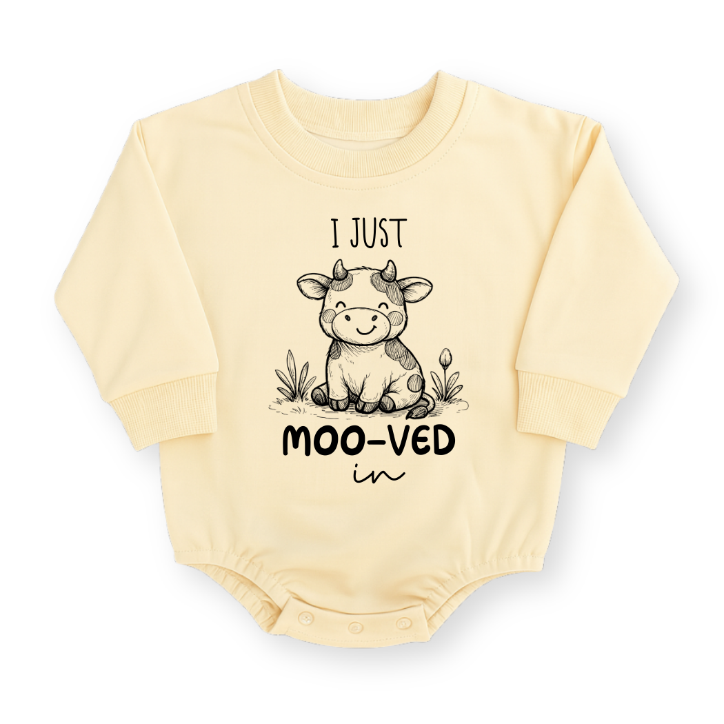 I Just Moo-ved In Cow Baby Romper - Cotton Baby Bodysuit