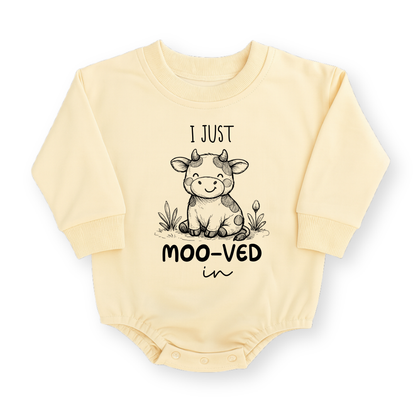 I Just Moo-ved In Cow Baby Romper - Cotton Baby Bodysuit