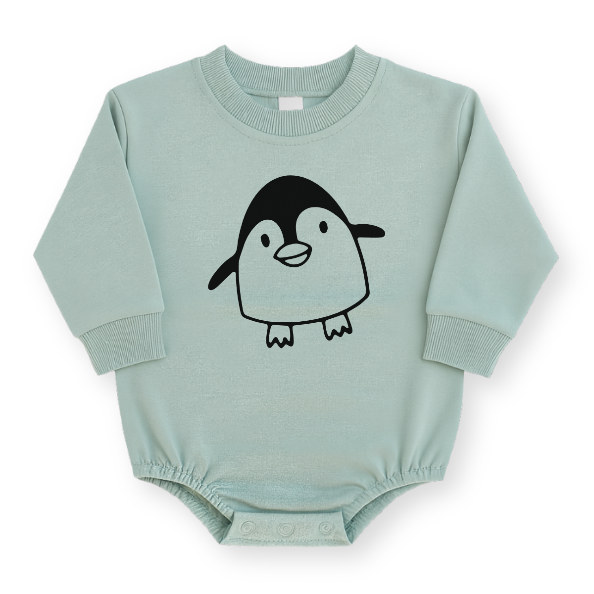 Minimalist line drawing of a penguin on a baby romper in Sage green color.
