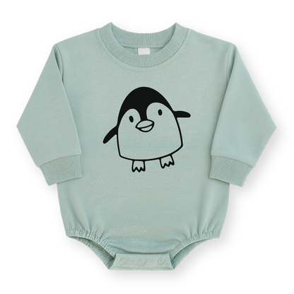 Minimalist line drawing of a penguin on a baby romper in Sage green color.