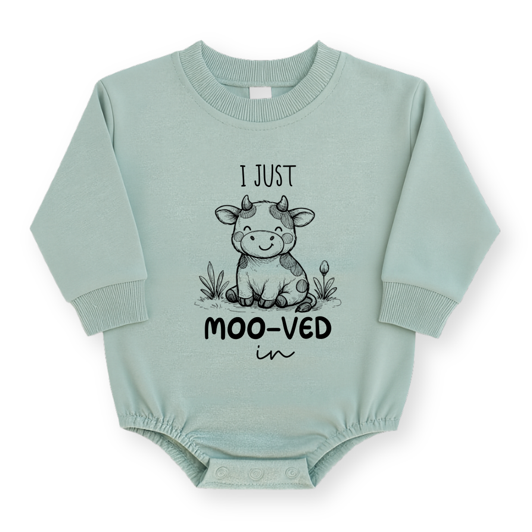 I Just Moo-ved In Cow Baby Romper - Cotton Baby Bodysuit