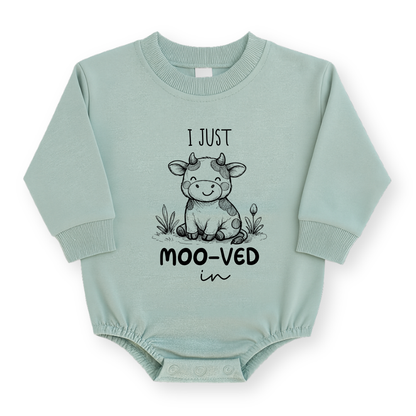 I Just Moo-ved In Cow Baby Romper - Cotton Baby Bodysuit