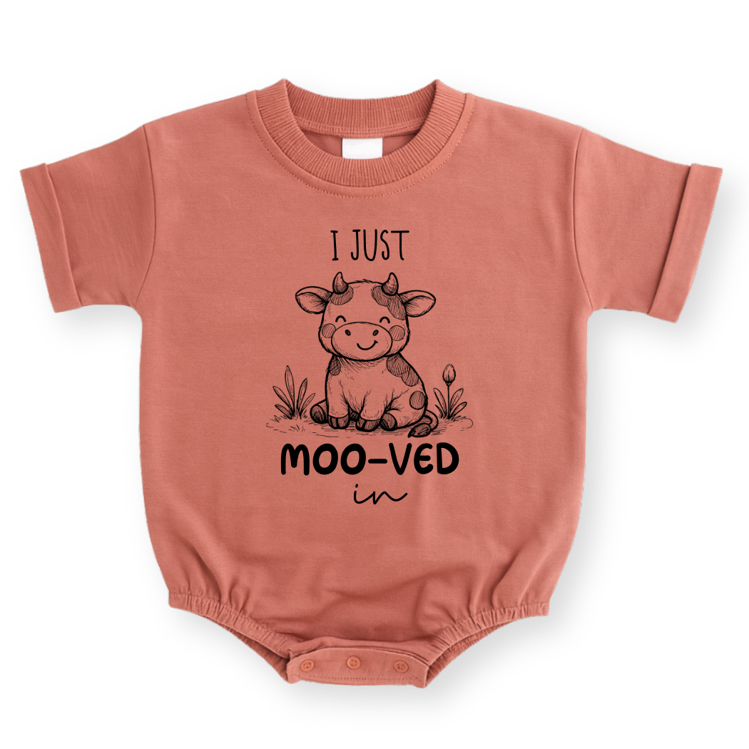 I Just Moo-ved In Cow Baby Romper - Cotton Baby Bodysuit