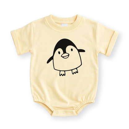 Minimalist line drawing of a penguin on a baby romper in natural color.