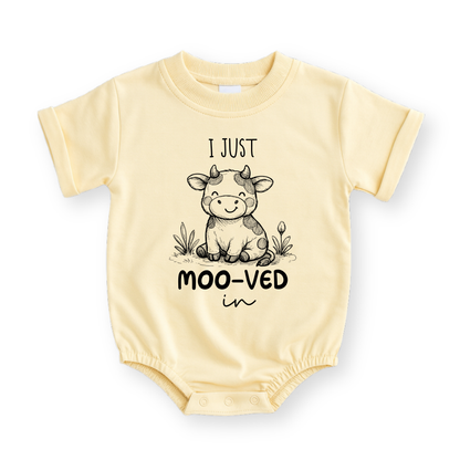 I Just Moo-ved In Cow Baby Romper - Cotton Baby Bodysuit
