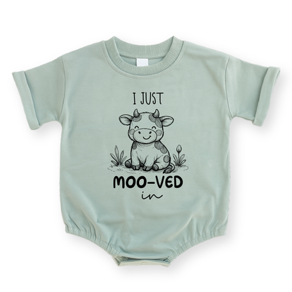 I Just Moo-ved In Cow Baby Romper - Cotton Baby Bodysuit