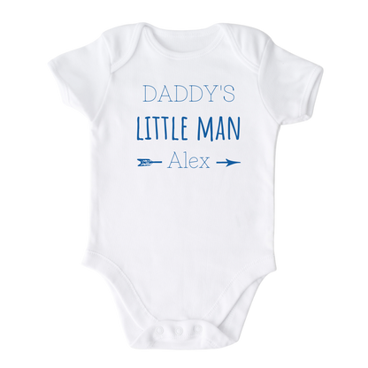 white baby bodysuit with customizable name option and the text 'Daddy's Little Man'.
