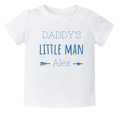 Kid's t-shirt with customizable name option and the text 'Daddy's Little Man'.