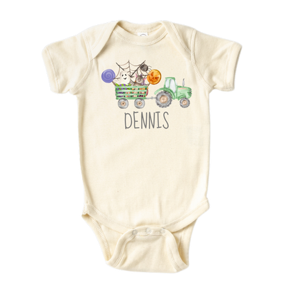 Baby Onesie - Cute Baby Onsie - Cute Baby Gift for Newborn Clothes for Baby Bodysuit with a cute Halloween truck design, customizable with names.