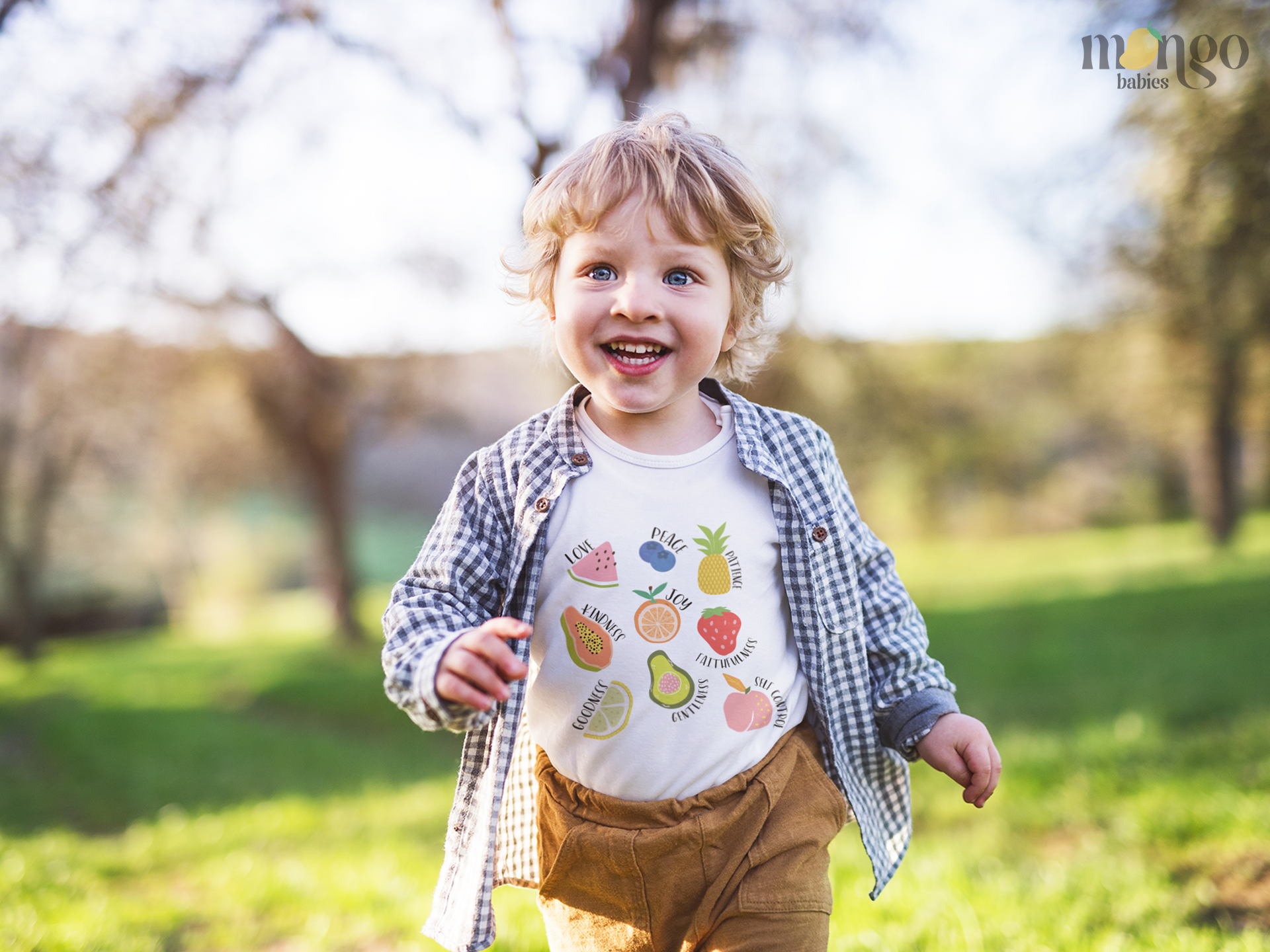 Cute tropical fruit design with Fruits of the Spirit themed fruits printed on baby bodysuit, kids’ T-shirt, sweater, and unisex adult shirt.

