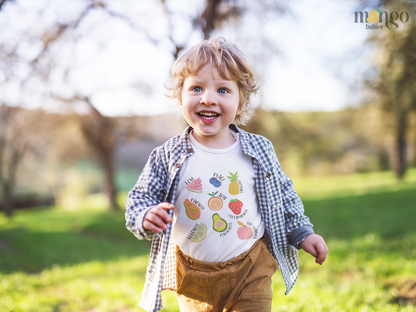 Cute tropical fruit design with Fruits of the Spirit themed fruits printed on baby bodysuit, kids’ T-shirt, sweater, and unisex adult shirt.
