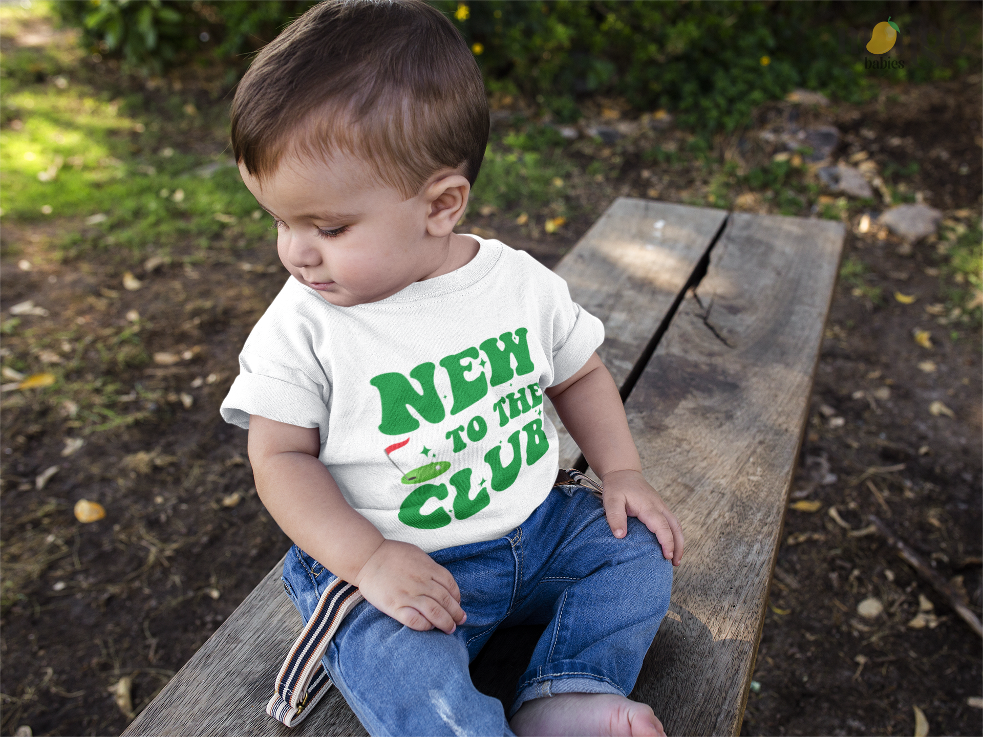 Baby bodysuit, kids t-shirt, sweatshirt, and adult unisex shirt with cute “New to the Club” golf theme text design.