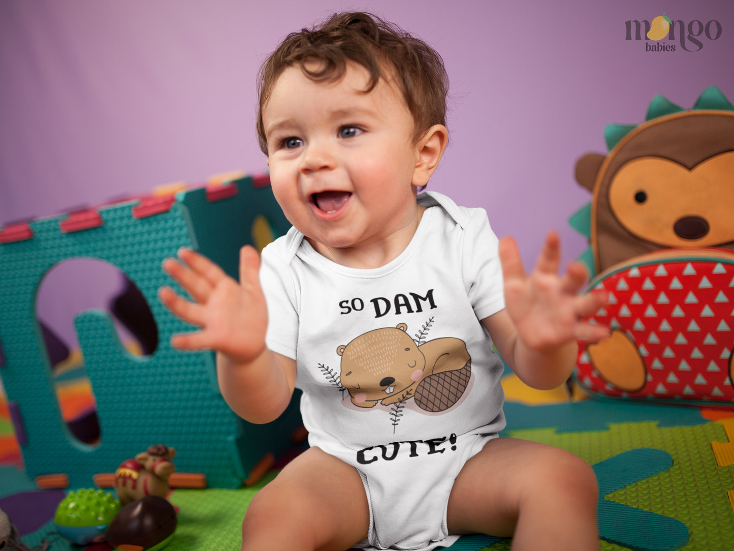 Cute beaver graphic with “So Dam Cute” text on baby bodysuit, kids’ t-shirt, sweatshirt, and unisex adult shirt.