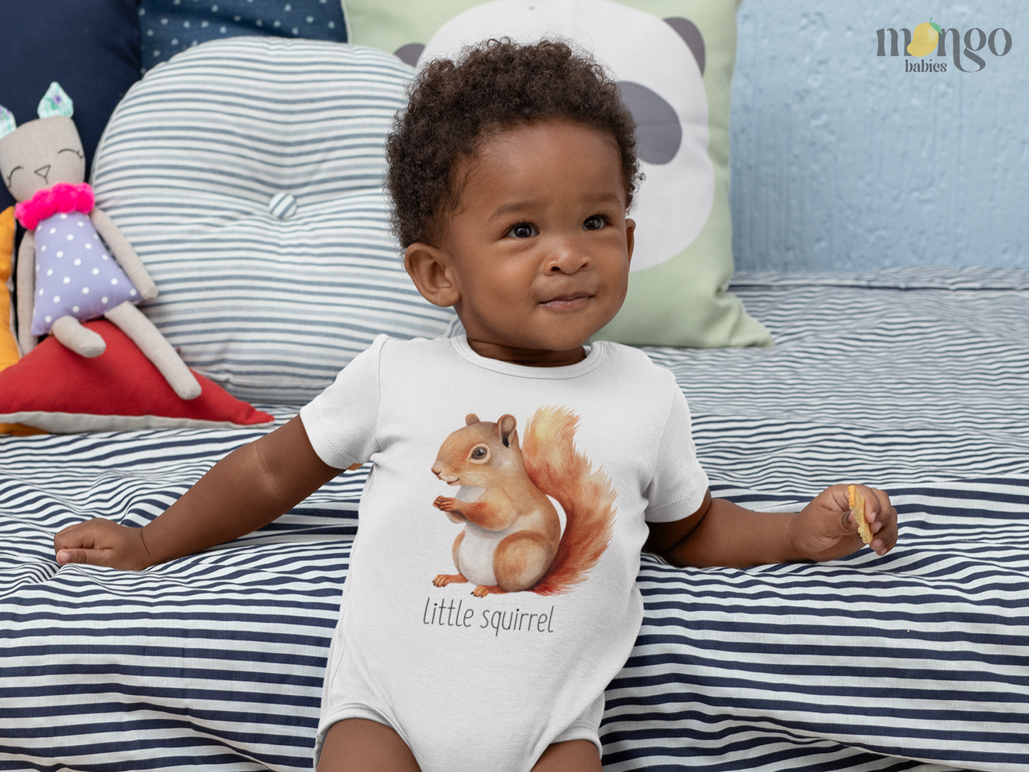 Cute squirrel graphic with text “Little Squirrel” printed on baby bodysuit, kids’ t-shirt, children’s sweatshirt, and unisex adult shirt.