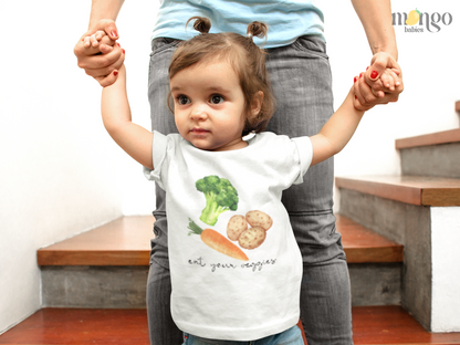 Baby bodysuit, kids t-shirt, and sweatshirt with carrot, broccoli, potato and “Eat Your Veggies” print.