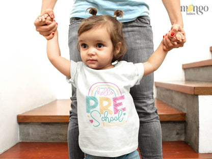 Cute rainbow and pencil “Hello Preschool” design printed on baby bodysuit, kids’ T-shirt, children’s sweater, and unisex adult shirt.
