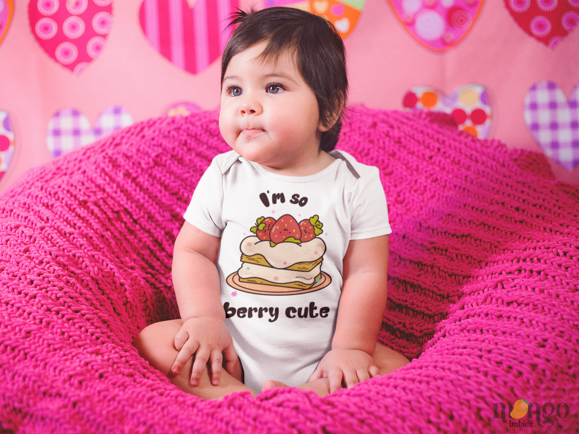 Cute strawberry shortcake shirt with “I’m So Berry Cute” text for babies, kids, and adults