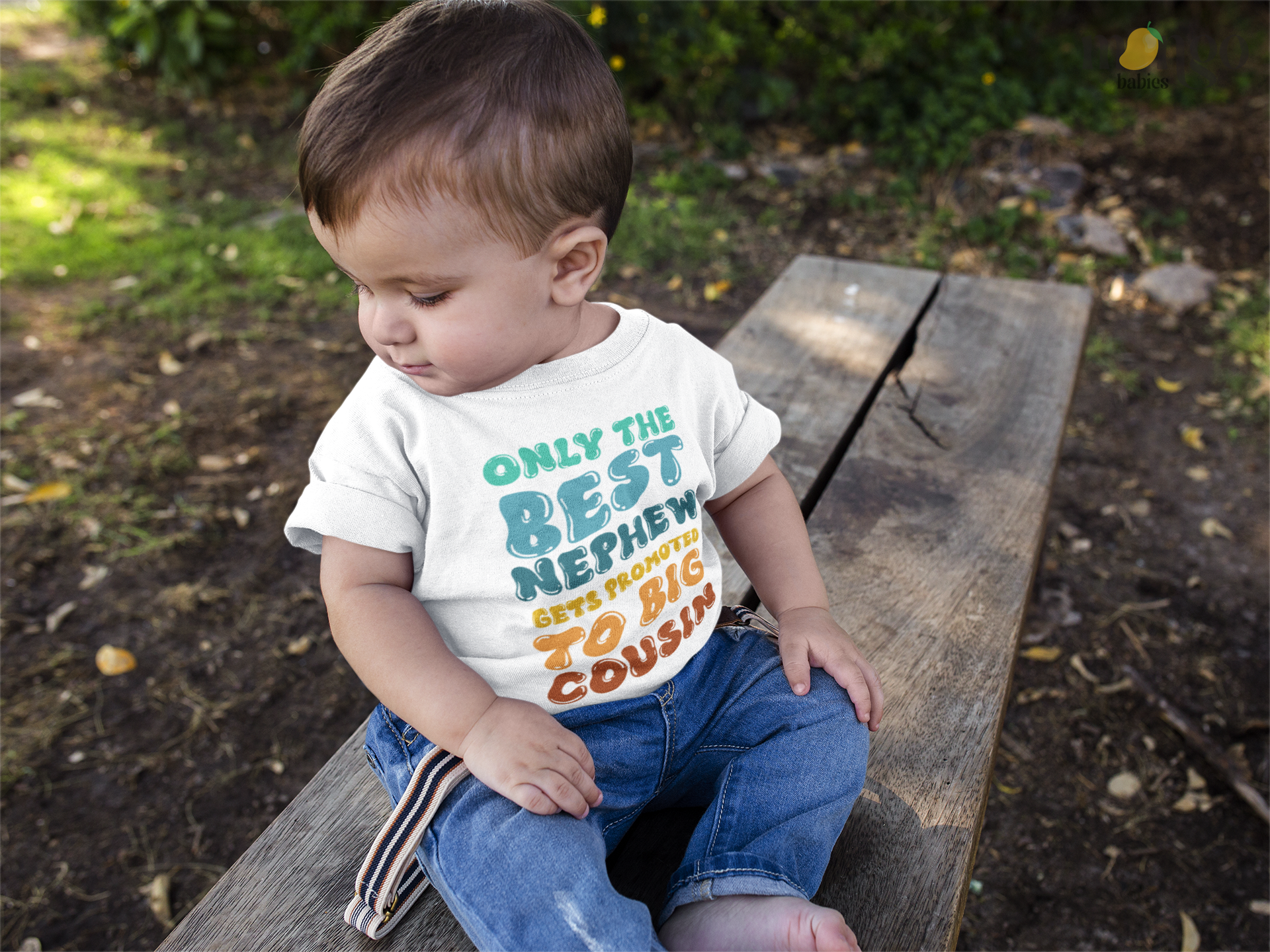 Retro text shirt with the phrase “Only the best nephew gets promoted to big cousin” on baby bodysuit, kids, toddler, adult t-shirt, or sweatshirt.