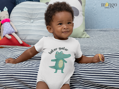 Cute alligator graphic with "Later Gator" text printed on baby bodysuit, kids’ t-shirt, sweatshirt, and adult unisex shirt.