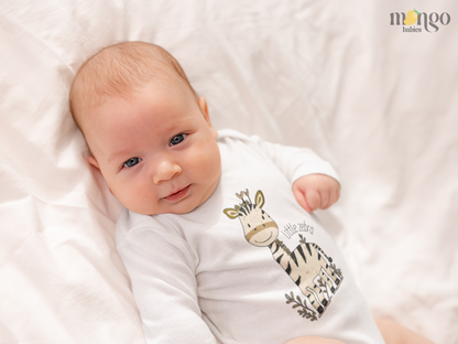 Cute zebra graphic with the text “Little Zebra” printed on baby bodysuit, kids’ t-shirt, sweatshirt, and unisex adult shirt.